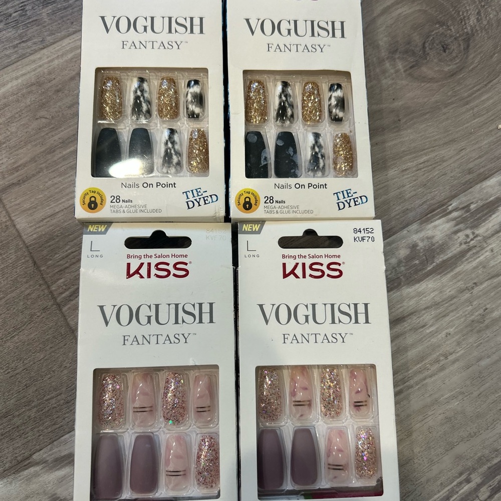 4 Pack Kiss Voguish Fantasy Nail Set - Pink and Gold Glitter and Tye dyed